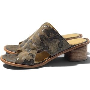 Diba True Block End Slide Sandals Camo Leather Block Heel Size 8 Metallic Olive